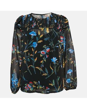Maje Floral Print Crepe Smocked Top - Green