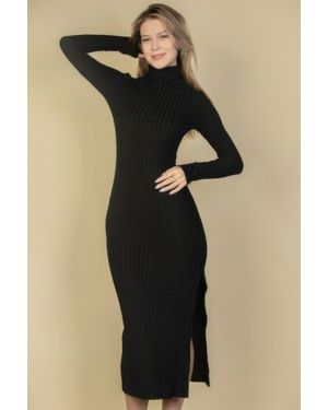 TRUEDAMES Sweater-Knit Fuzzy Turtle Neck Split Thigh Dress - Black