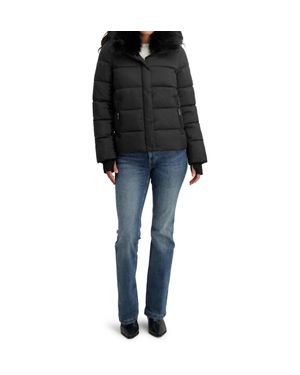 Tahari Short Quilted Puffer Jacket With Faux Fur Collar & Detachable Hood - Black