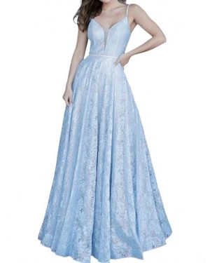 JVN Illusion Deep V-Neck Lace Gown - Blue