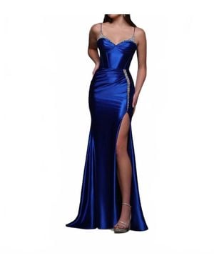 Candice Fitted Corset Crystal V Neck Prom Dress - Blue
