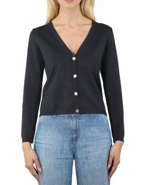 Metric Knits V Neck Long Sleeve Crop Cardigan With Square Buttons - Black