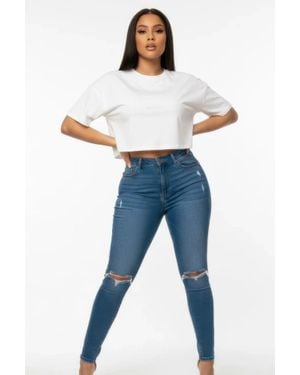 TRUEDAMES Premium Short Sleeve Round Neck Basic Crop Top - Blue