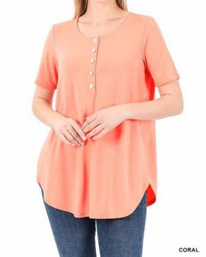 Zenana Short Sleeve Dolphin Hem Shell Button Up Top - Orange
