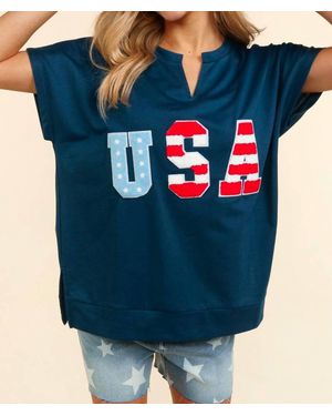 Haptics Give Me Liberty Boxy Short Seeve V-Neck Tee - Blue