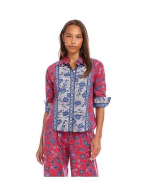 Karen Kane Ruched Sleeve Border Print Shirt - Red