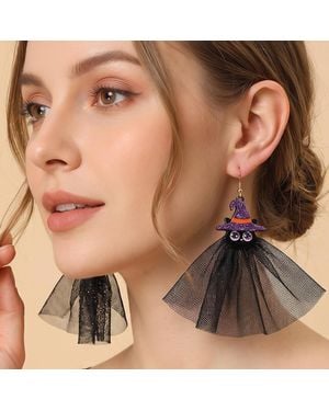 Fashnzfab Witch Hat Halloween Pumpkin Tulle Drop Earrings - Brown