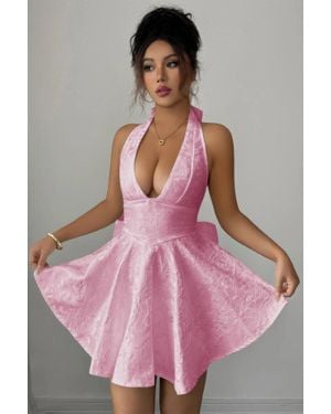 TRUEDAMES Halter V Neck Back Cross Knot Embroidery Dress - Pink