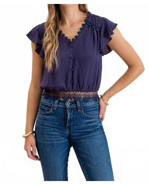 Blu Pepper Scallop Lace Trim Back Tie Short Sleeve Crop Top - Blue