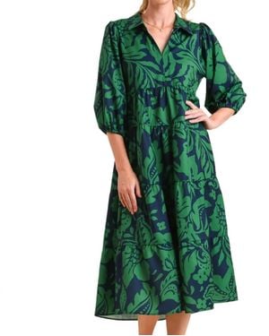 Umgee Two Tone Floral Print Midi Dress - Green