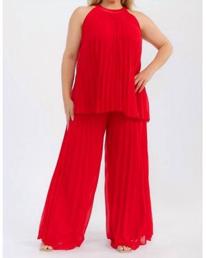 Karen T Design Pleated Sleeveless Blouse And Elastic Waist Pleated Wide Leg Pants Set - Red