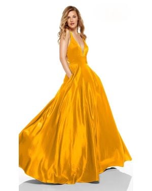 Alyce Paris Satin V Neck Cutout Back Gown - Yellow