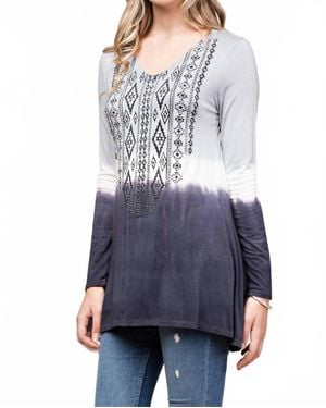 Vocal Apparel Long Sleeve Top With Print & Stone Accent - Blue