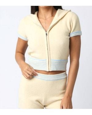 Olivaceous Cropped Contrast Knit Zip Hoodie - Natural