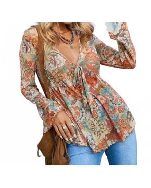 Supreme Fashion Western Printed Bell Sleeve Blouse - Brown