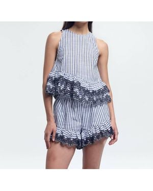 Kika Vargas Stripe Embroidered Trim Top - Blue