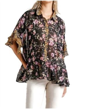 Umgee Floral & Animal Print Top - Black
