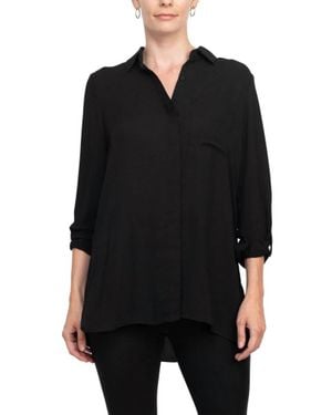 Joan Vass Collared 3/4 Sleeves Chiffon Crepe Shirt - Black