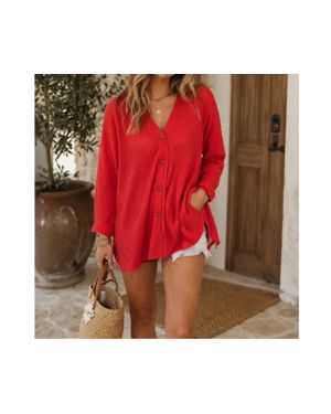 Le Miel Soft Waffle Knit Oversized Cardigan - Red