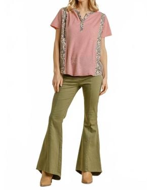 Umgee Leopard Trim Waffle Knit Top - Multicolor