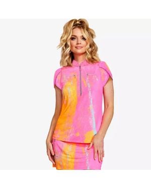 Jamie Sadock Crayola Watercolor Polo Top Multi Short Sleeve Zip Srt601 - Pink