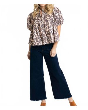 Karlie Leopard Denim Pleat Sleeve Top - Blue