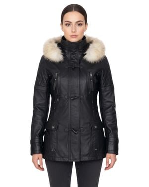 Infinity Leather Lamb Leather Quilted Parka Fur Hood Jacket- Duchess - Black