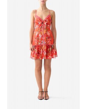 CAMILLA Tie Front Short Dress With Hem Ruffle - Red