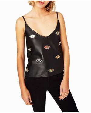 Nicole Miller Evil Eye Embellishment V Neck Tank Top - Black