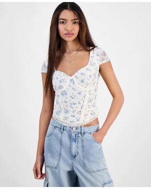 Hippie Rose Corset Top Juniors Floral Print Short Sleeve Pal64 - Blue