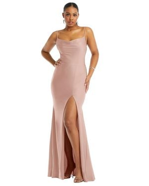 Cynthia & Sahar Cowl-Neck Open Tie-Back Stretch Satin Mermaid Dress With Slight Train - Natural
