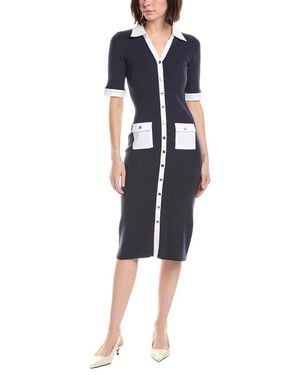 Tahari Elbow Sleeve Split Neck Rib Dress - Blue