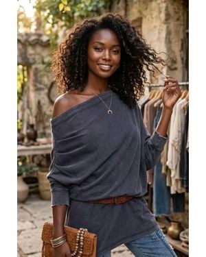 SurelyMine Weekend Wander Off-Shoulder Oversized Top - Gray