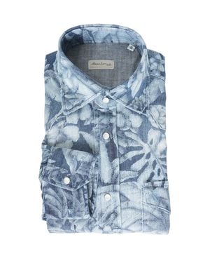 Sartorio Napoli Floral Denim Snap Button Cotton Overshirt - Blue