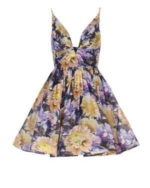 Zimmermann Pleated Mini Dress With V Neckline And Floral Pattern - Blue