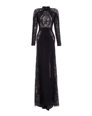 Saiid Kobeisy Intricate Embroidered Lace Evening Dress With High Neckline - Black