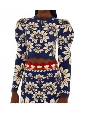 FARM Rio Puff Sleeve Knit Top - Blue
