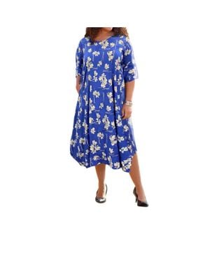 On The Plus Side Printed 3/4 Sleeve Edyth Dress - Blue
