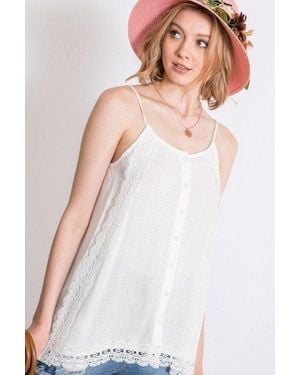 TRUEDAMES Boho Scallop Lace Trim Detailed Button Down Solid Subtle Textured Slit Side Overlay Layered Cami Top - White