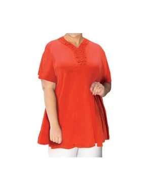 On The Plus Side Cotton Applique Short Sleeve V-Neck Top - Red