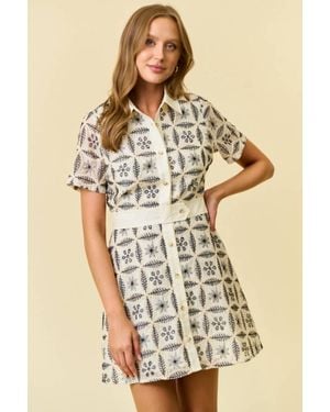 Doe And Rae Embroidered Mini Shirt Dress With Contrast Collar - Natural