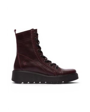 Fly London Wine Leather Lace-Up Wedge Heel Combat Boots - Brown