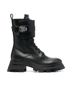 DKNY Sava Combat Lace-Up Metallic Accents Leather Ankle Boots - Black