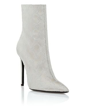 Philipp Plein Satin Boots High Heels Mid Monogram Strass - White