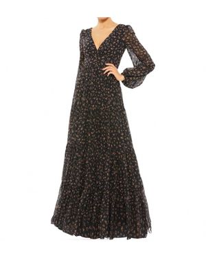 Ieena for Mac Duggal Floral Ruffles Tiered Long Sleeve Maxi Dress - Black