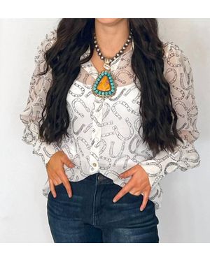 Turquoise Haven Sheer Chiffon Horseshoe Print Western Blouse - Gray