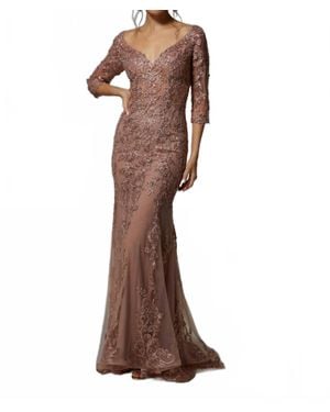Mgny Frosted Metallic Lace Sheath Evening Gown - Brown