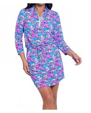 IBKUL Allana Print 3/4 Sleeve Drawstring Dress - Blue