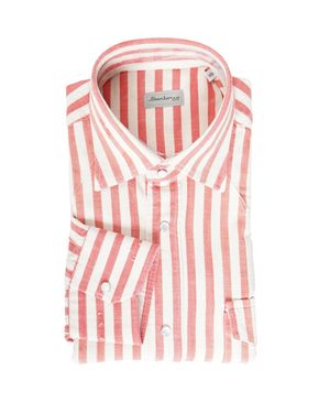 Sartorio Napoli Jumbo Pinstripe Denim Snap Button Cotton Overshirt - Pink