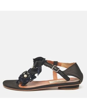 Lanvin Satin Crystals Embellished Flat Sandals - Blue